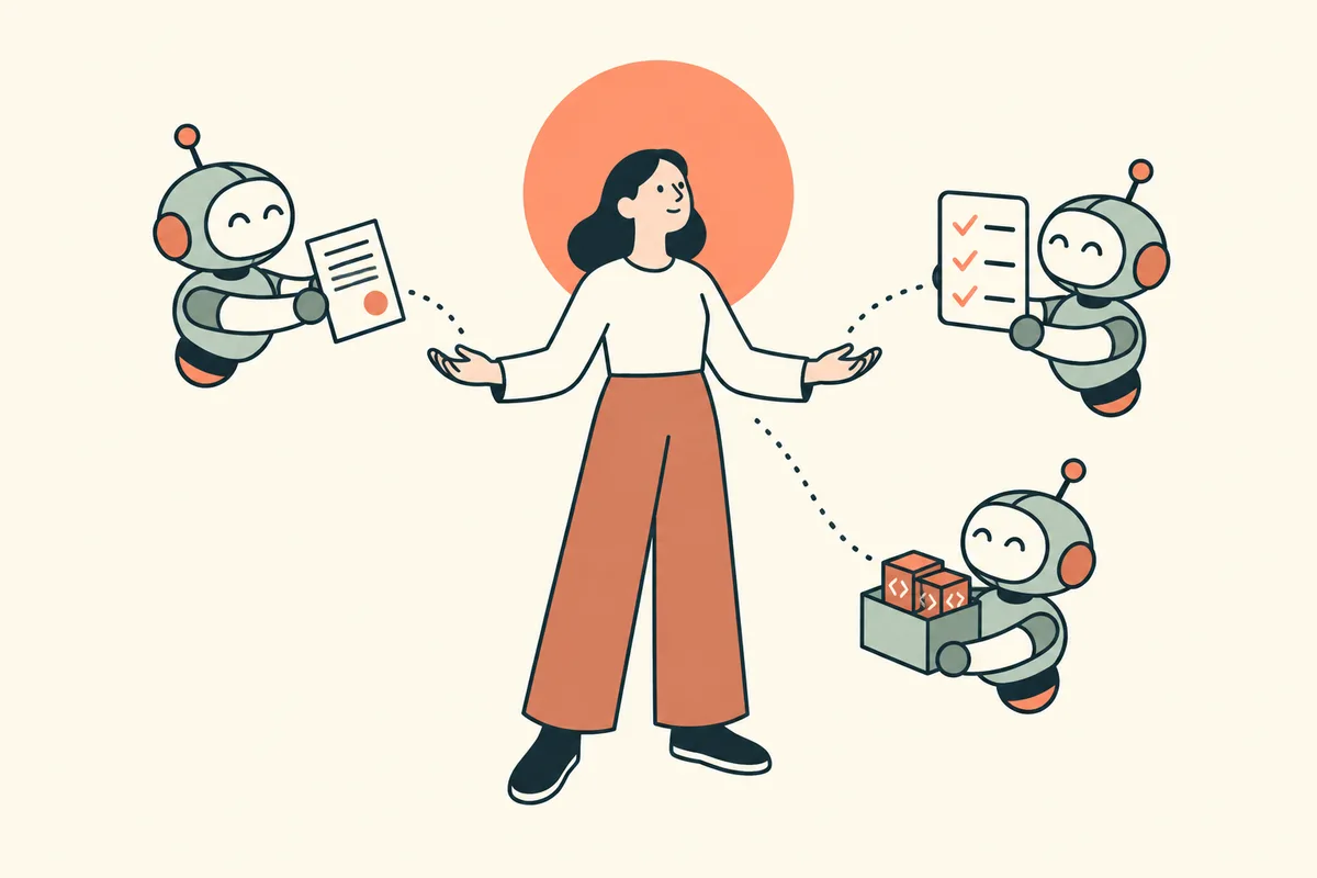 Une personne au centre, devant un grand disque corail. Autour d'elle, 3 petits robots tournés vers elle lui tendent un document, une liste cochée et une caisse de blocs de code, reliés à ses mains par des pointillés.
